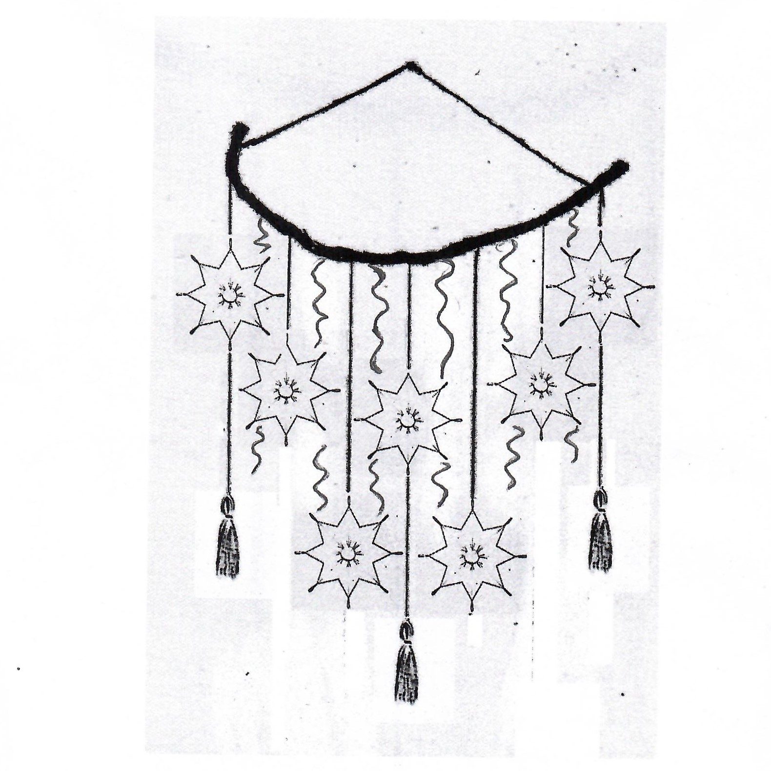 Hand-drawn schematic of the Snowflake Waltz garland, showing seven snowflakes and tassels hung from a curved bar